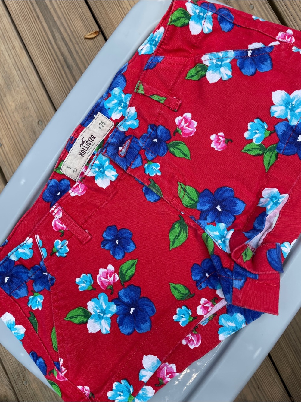 Hollister Red Floral Cotton Shorts with Blue & Pink Blooms